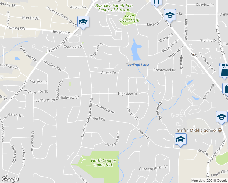 map of restaurants, bars, coffee shops, grocery stores, and more near 701 Highview Drive in Smyrna