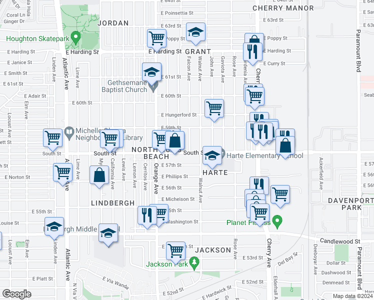 map of restaurants, bars, coffee shops, grocery stores, and more near 1429 East South Street in Long Beach