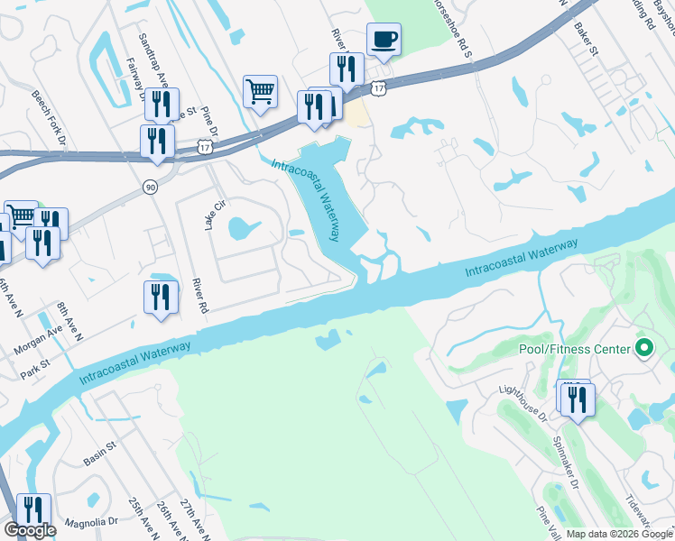 map of restaurants, bars, coffee shops, grocery stores, and more near 5000 Lightkeepers Way in Little River
