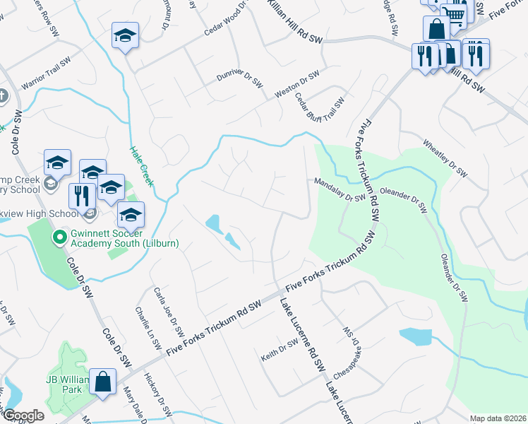 map of restaurants, bars, coffee shops, grocery stores, and more near 1256 Mandalay Court Southwest in Lilburn