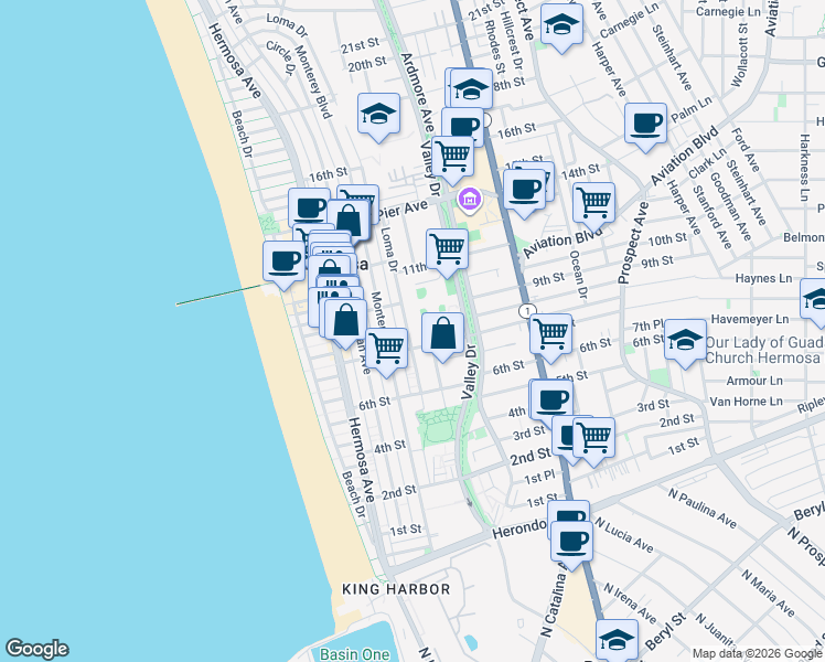 map of restaurants, bars, coffee shops, grocery stores, and more near 840 Loma Drive in Hermosa Beach