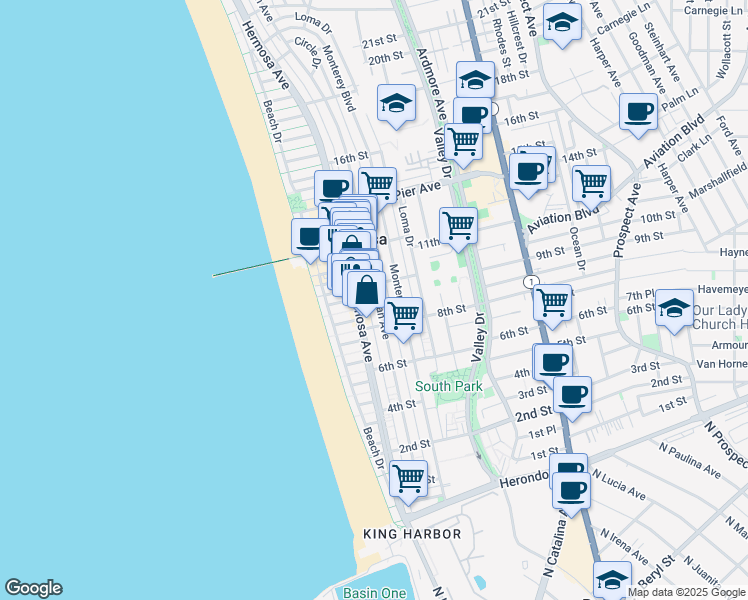 map of restaurants, bars, coffee shops, grocery stores, and more near 911 Manhattan Avenue in Hermosa Beach