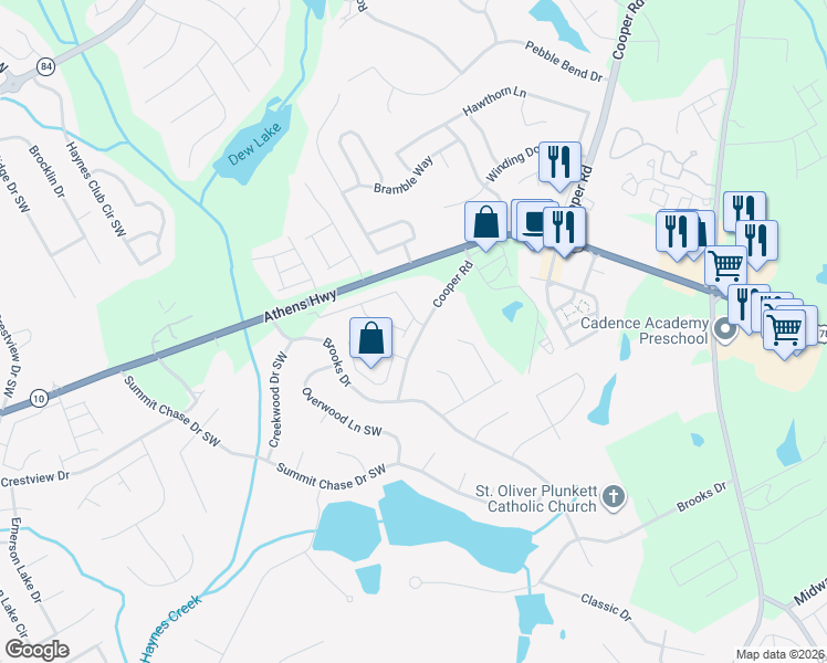 map of restaurants, bars, coffee shops, grocery stores, and more near 2920 Cooper Brook Drive in Snellville