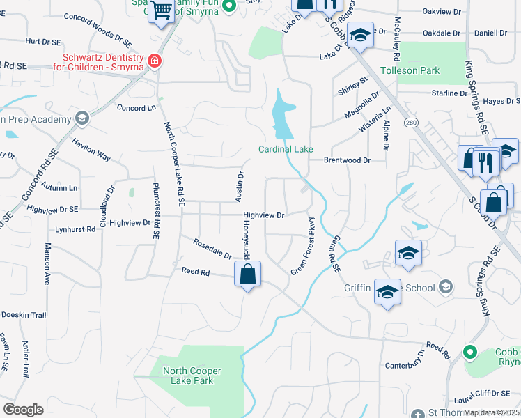 map of restaurants, bars, coffee shops, grocery stores, and more near 3844 Lake Drive Southeast in Smyrna