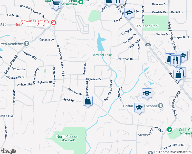 map of restaurants, bars, coffee shops, grocery stores, and more near 3843 Lake Drive Southeast in Smyrna