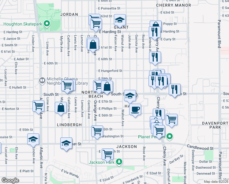 map of restaurants, bars, coffee shops, grocery stores, and more near 5849 Falcon Avenue in Long Beach
