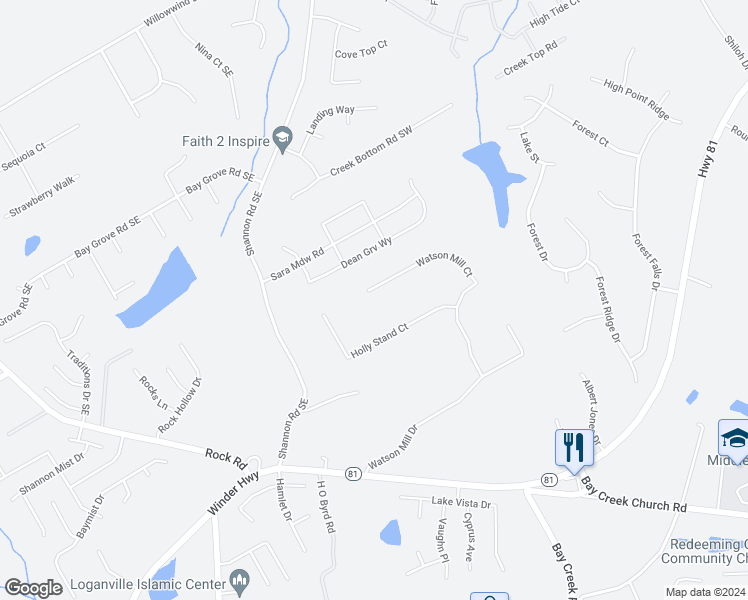 map of restaurants, bars, coffee shops, grocery stores, and more near 4914 Watson Mill Court in Loganville