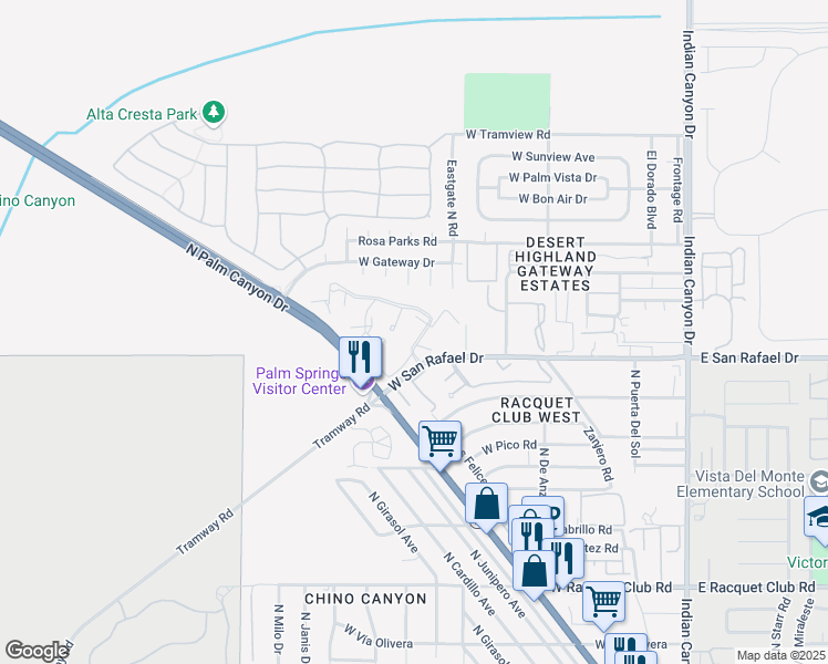 map of restaurants, bars, coffee shops, grocery stores, and more near 2801 North Los Felices Road in Palm Springs