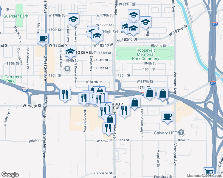 map of restaurants, bars, coffee shops, grocery stores, and more near 18724 South Brighton Avenue in Gardena
