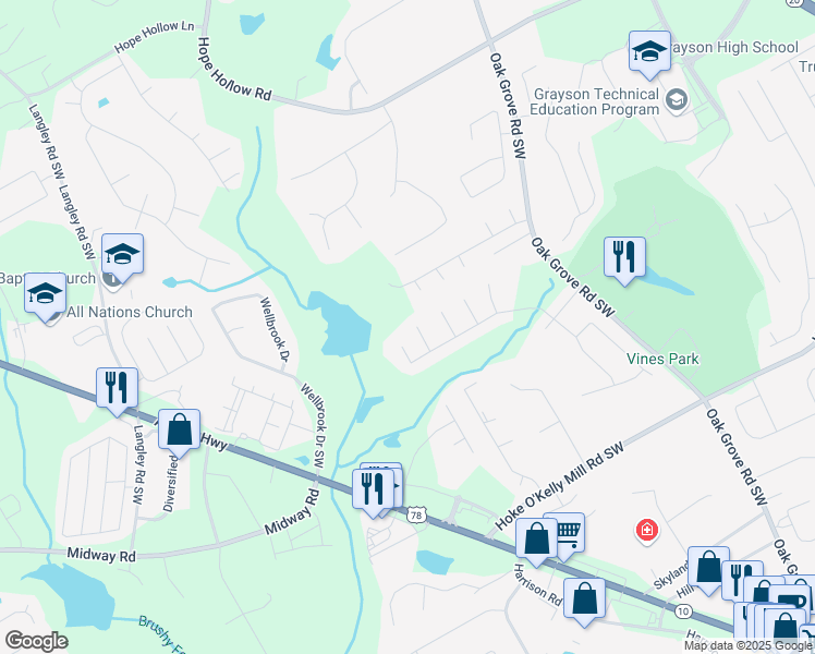 map of restaurants, bars, coffee shops, grocery stores, and more near 3517 Lake Valley Court Southwest in Loganville