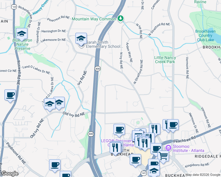 map of restaurants, bars, coffee shops, grocery stores, and more near 3819 North Stratford Road Northeast in Atlanta