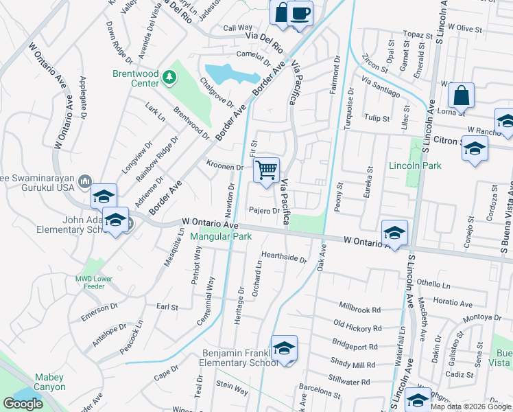 map of restaurants, bars, coffee shops, grocery stores, and more near 1339 Casitas Circle in Corona