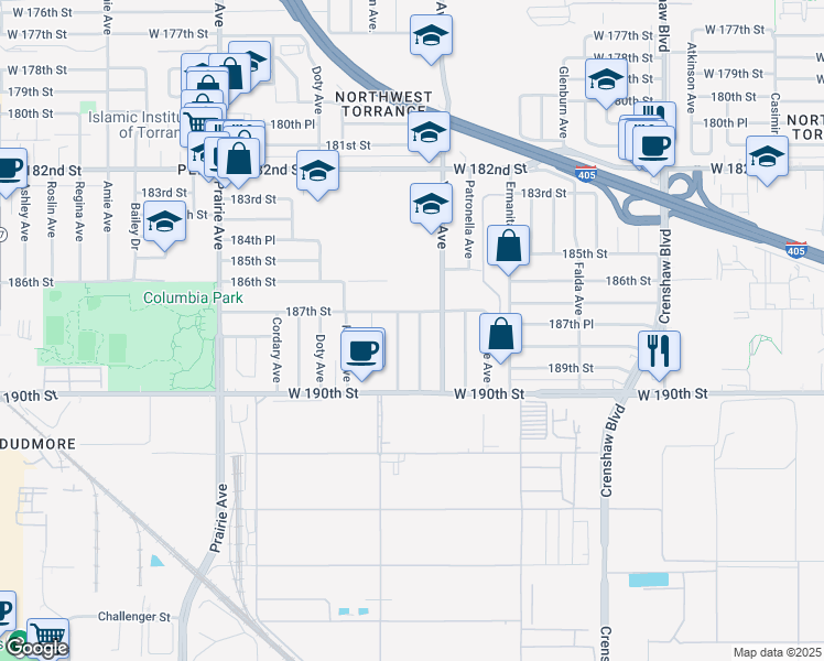 map of restaurants, bars, coffee shops, grocery stores, and more near 18717 Cranbrook Avenue in Torrance