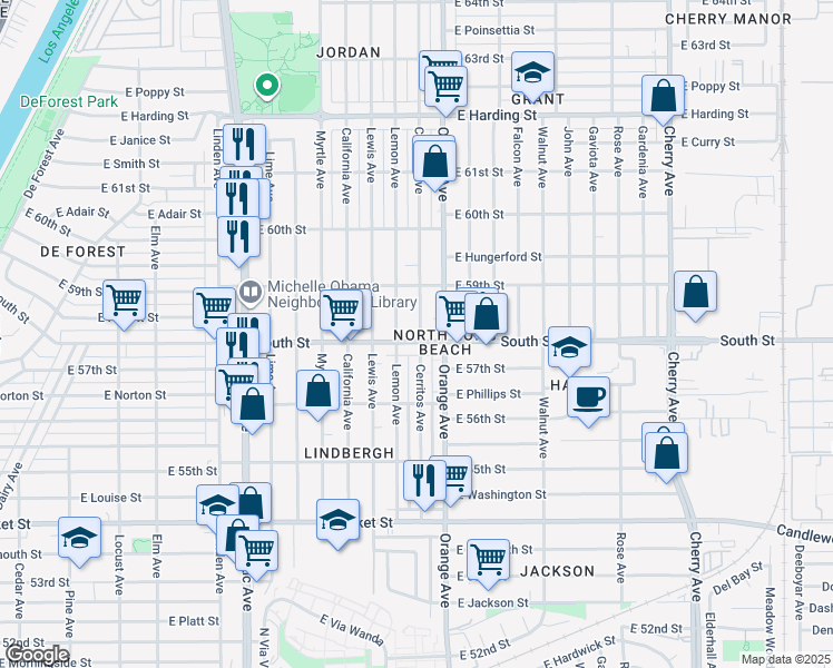 map of restaurants, bars, coffee shops, grocery stores, and more near 5850 Lemon Avenue in Long Beach
