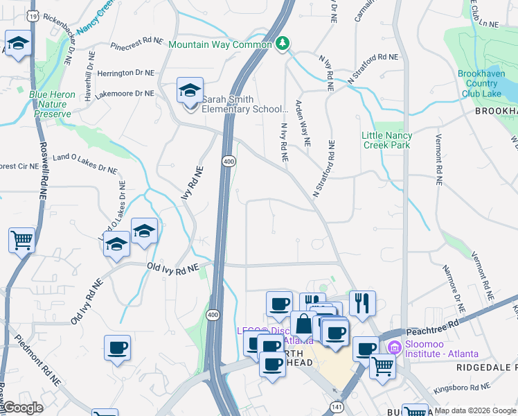 map of restaurants, bars, coffee shops, grocery stores, and more near 3819 North Stratford Road Northeast in Atlanta