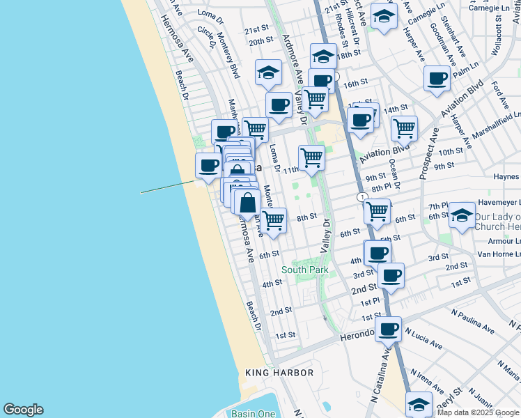 map of restaurants, bars, coffee shops, grocery stores, and more near 908 Manhattan Avenue in Hermosa Beach