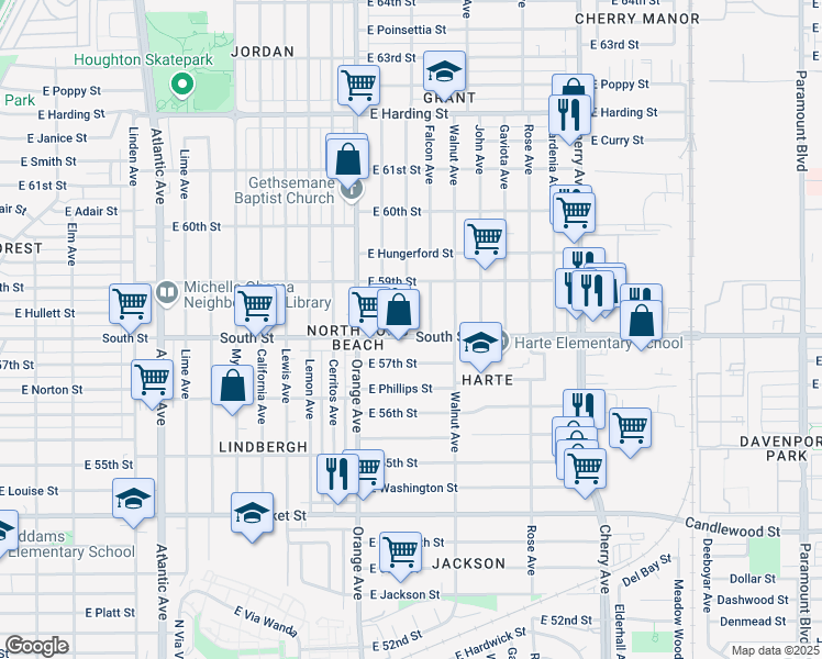 map of restaurants, bars, coffee shops, grocery stores, and more near 5849 Falcon Avenue in Long Beach