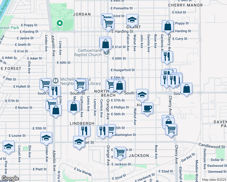 map of restaurants, bars, coffee shops, grocery stores, and more near 5842 Brayton Avenue in Long Beach
