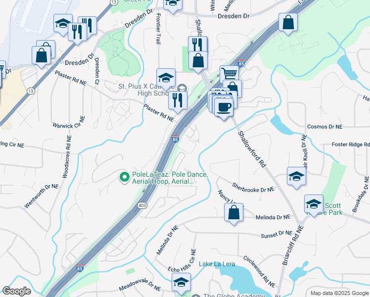 map of restaurants, bars, coffee shops, grocery stores, and more near 2805 Northeast Expressway in Atlanta