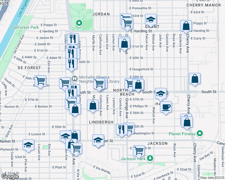 map of restaurants, bars, coffee shops, grocery stores, and more near 5850 Lemon Avenue in Long Beach