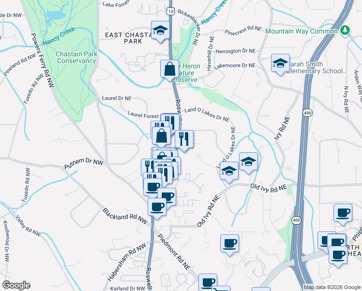 map of restaurants, bars, coffee shops, grocery stores, and more near 4004 Sheldon Drive Northeast in Atlanta