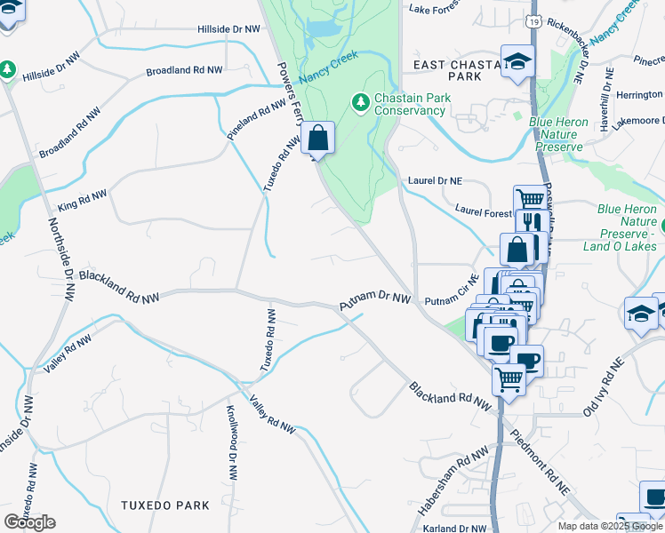map of restaurants, bars, coffee shops, grocery stores, and more near 100 Tuxedo Terrace Northwest in Atlanta