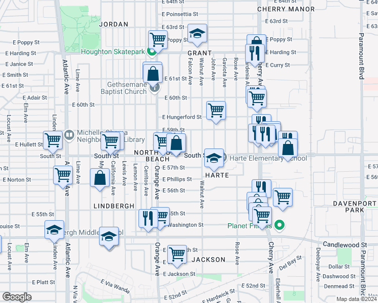 map of restaurants, bars, coffee shops, grocery stores, and more near 1429 East South Street in Long Beach