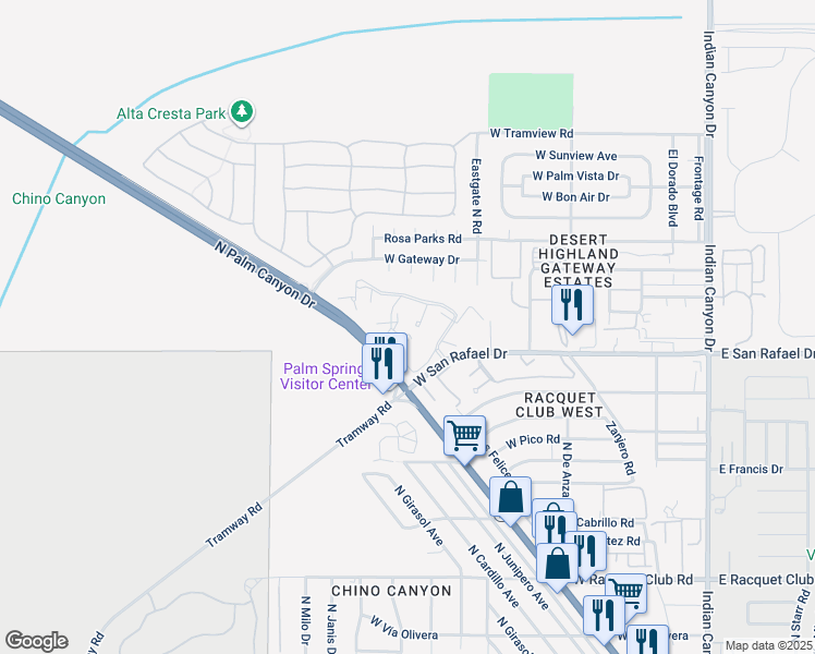 map of restaurants, bars, coffee shops, grocery stores, and more near 680 North Ashurst Court in Palm Springs