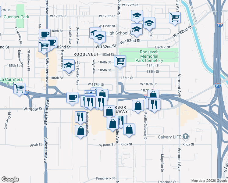 map of restaurants, bars, coffee shops, grocery stores, and more near 18724 South Brighton Avenue in Gardena