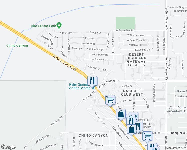 map of restaurants, bars, coffee shops, grocery stores, and more near 2800 Los Felices Circle West in Palm Springs