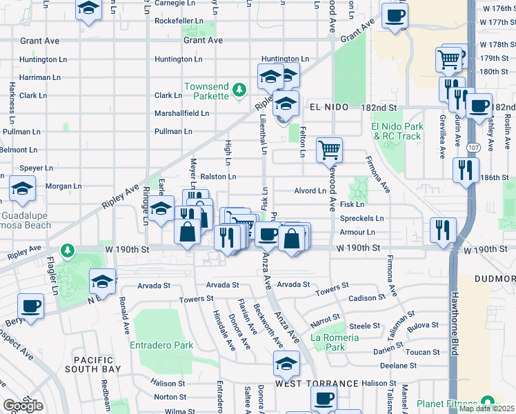 map of restaurants, bars, coffee shops, grocery stores, and more near 2412 Alvord Lane in Redondo Beach