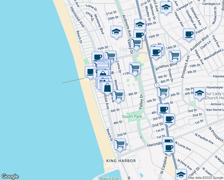 map of restaurants, bars, coffee shops, grocery stores, and more near 908 Manhattan Avenue in Hermosa Beach