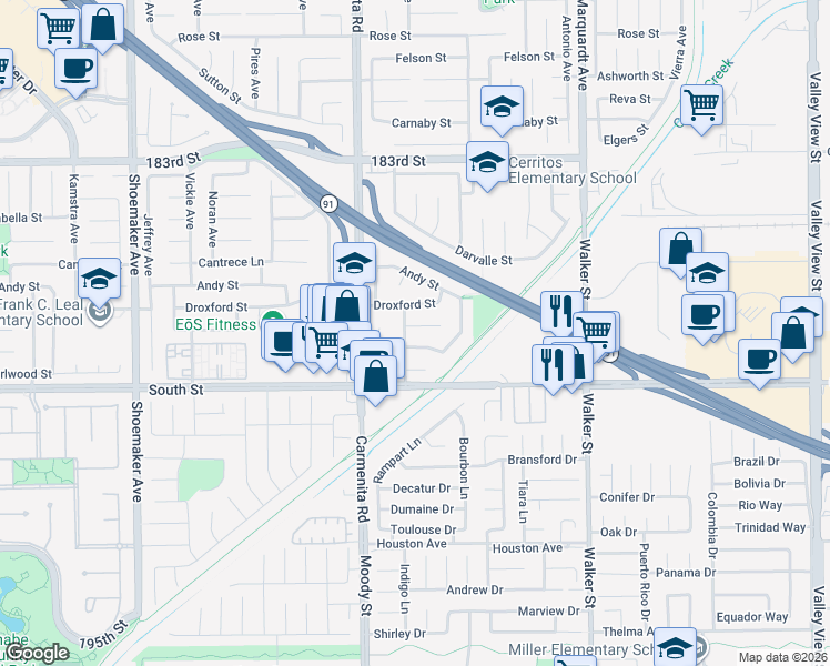 map of restaurants, bars, coffee shops, grocery stores, and more near 13508 Caravel Place in Cerritos