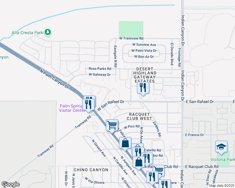 map of restaurants, bars, coffee shops, grocery stores, and more near 2810 North Arcadia Court in Palm Springs