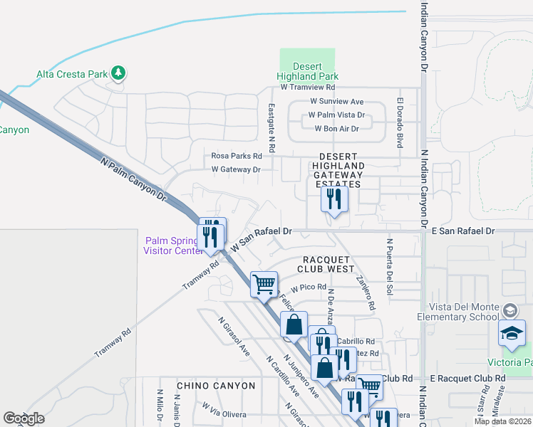 map of restaurants, bars, coffee shops, grocery stores, and more near 2810 North Arcadia Court in Palm Springs