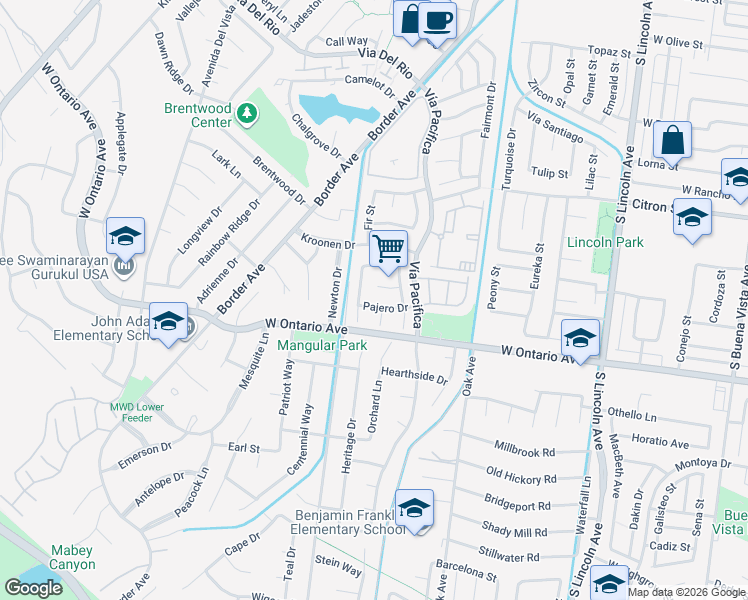 map of restaurants, bars, coffee shops, grocery stores, and more near 1339 Casitas Circle in Corona