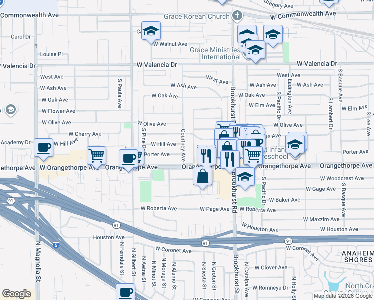 map of restaurants, bars, coffee shops, grocery stores, and more near 913 South Cedar Avenue in Fullerton