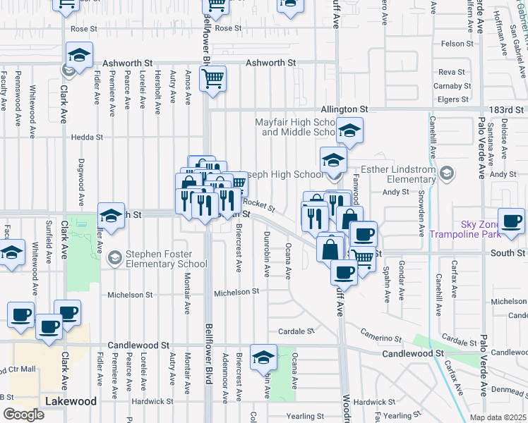 map of restaurants, bars, coffee shops, grocery stores, and more near 5631 Rocket Street in Lakewood