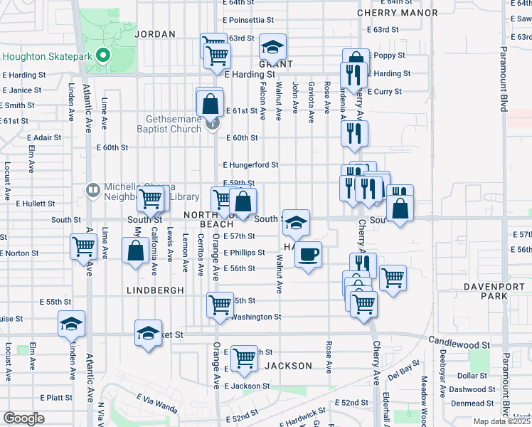 map of restaurants, bars, coffee shops, grocery stores, and more near 5849 Falcon Avenue in Long Beach