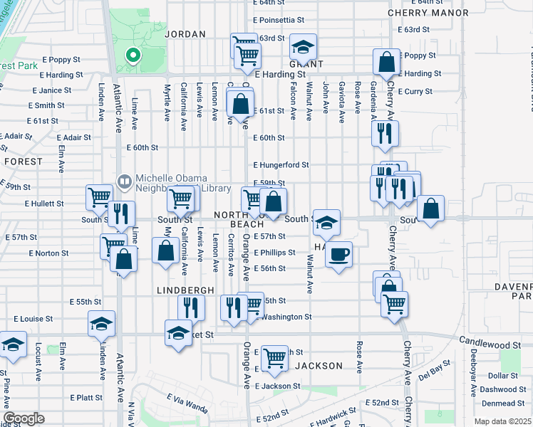 map of restaurants, bars, coffee shops, grocery stores, and more near 5842 Brayton Avenue in Long Beach
