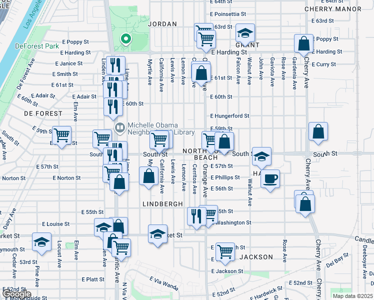map of restaurants, bars, coffee shops, grocery stores, and more near 5850 Lemon Avenue in Long Beach