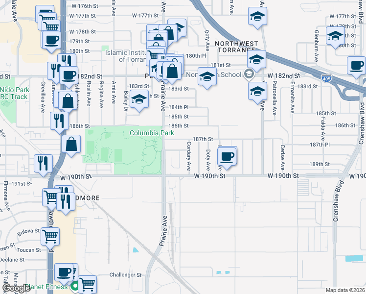 map of restaurants, bars, coffee shops, grocery stores, and more near 3941 187th Street in Torrance