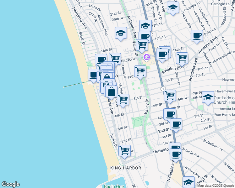 map of restaurants, bars, coffee shops, grocery stores, and more near in Hermosa Beach
