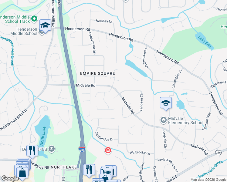 map of restaurants, bars, coffee shops, grocery stores, and more near 3602 Midvale Road in Tucker
