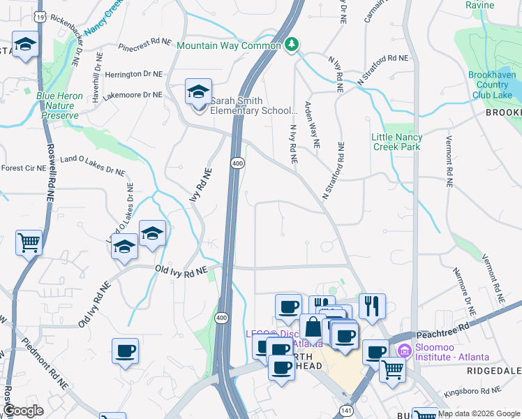 map of restaurants, bars, coffee shops, grocery stores, and more near 3818 North Stratford Road Northeast in Atlanta