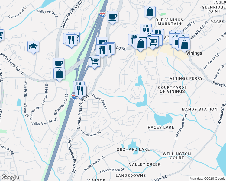 map of restaurants, bars, coffee shops, grocery stores, and more near 3894 Paces Lookout Drive in Atlanta