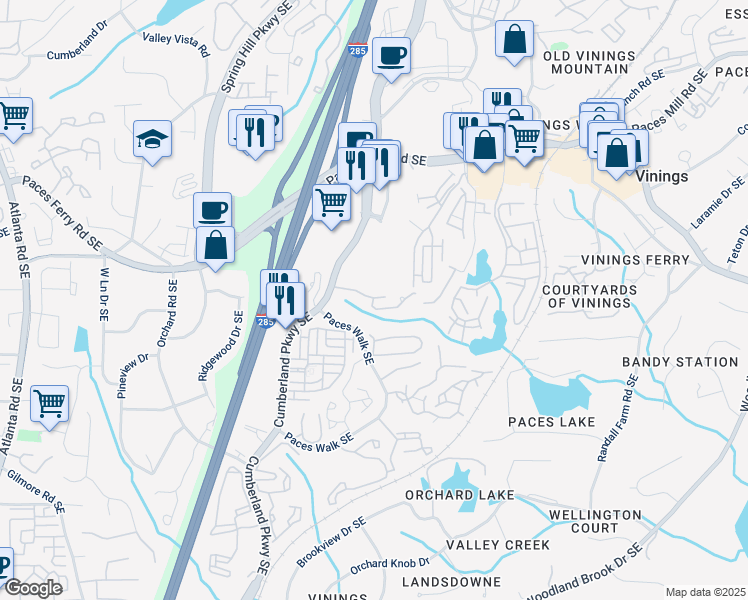 map of restaurants, bars, coffee shops, grocery stores, and more near 2400 Cumberland Parkway Southeast in Atlanta