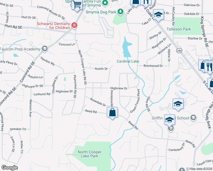 map of restaurants, bars, coffee shops, grocery stores, and more near 701 Highview Drive in Smyrna