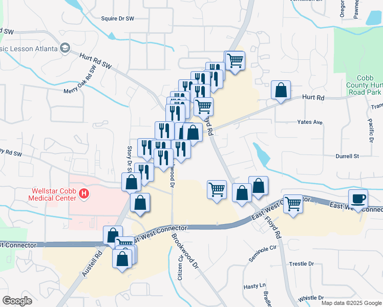 map of restaurants, bars, coffee shops, grocery stores, and more near 3753 Austell Rd SW in Marietta