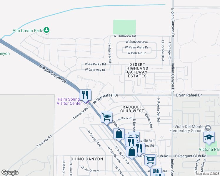 map of restaurants, bars, coffee shops, grocery stores, and more near 2810 North Arcadia Court in Palm Springs